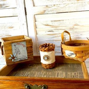 Two baskets, one wood box.